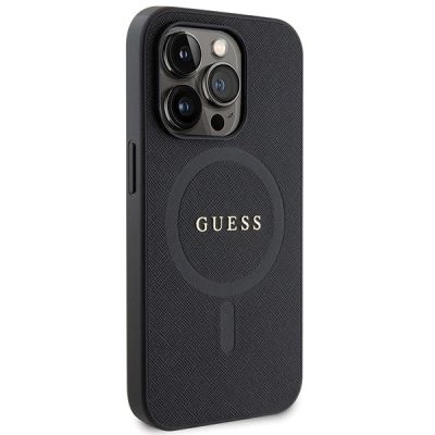 4. Guess GUHMP14LPSAHMCK Hülle für iPhone 14 Pro – schwarzes Saffiano MagSafe
