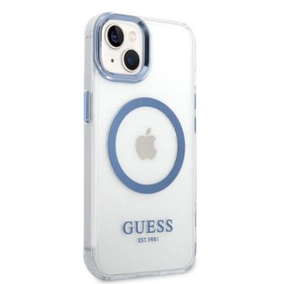 4. Guess Metal Outline MagSafe Hülle für iPhone 14 Plus – blau