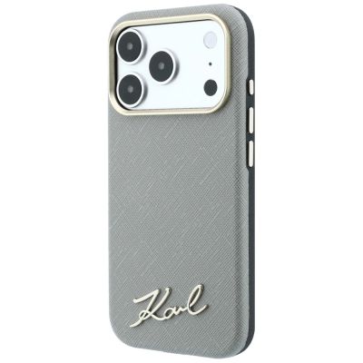 2. Karl Lagerfeld Saffiano MagSafe Hülle mit kleinem Schriftzug und Metalllogo für iPhone 17 Pro Max / 18 Pro Max – Beige