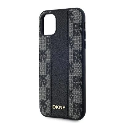 6. DKNY Leder-MagSafe-Hülle mit kariertem Monomuster für iPhone 11 / Xr – Schwarz