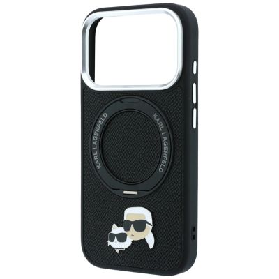 6. Karl Lagerfeld mit Ringständer 360° Karl & Choupette Köpfe Pin MagSafe Hülle für iPhone 18 Pro Max / 17 Pro Max - Schwarz