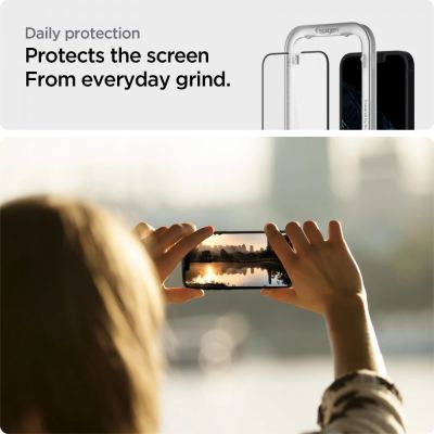 6. Spigen ALM Glass FC gehärtetes Glas für iPhone 13/13 Pro/14 – Schwarz