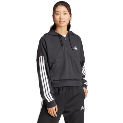 7. adidas Essentials Damen-Kapuzenpullover mit 3 Streifen aus French Terry, Viertelreißverschluss, Schwarz, JN1956