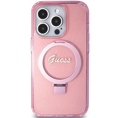 3. Guess Ring Stand Script Glitter MagSafe-Hülle für iPhone 15 Pro Max – Rosa