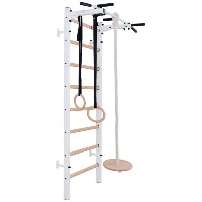 5. Turnwandbarren aus Holz und Metall mit Holzstange und Zubehörbank K 221W A204