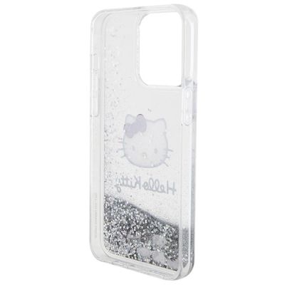 6. Hello Kitty Liquid Glitter Charms Kitty Head Hülle für iPhone 15 Pro Max – Silber