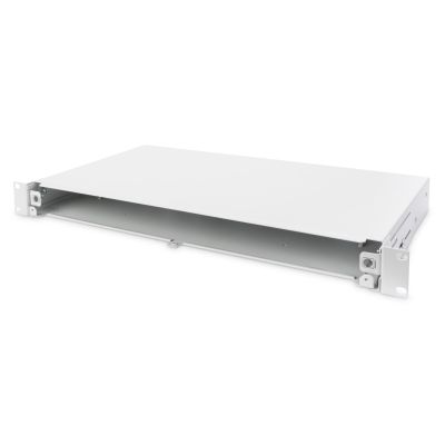 19-Zoll-Patchpanel ohne Frontplatte, 1 HE, verschiebbar, Kabelverschraubungen PG13,5 und PG16, Kabelbinder/Halterungen, grau