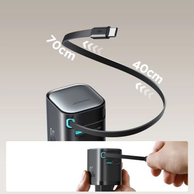 9. Joyroom JR-TCL02 65W USB-A USB-C GaN-Ladegerät mit integriertem USB-C-Kabel – Schwarz