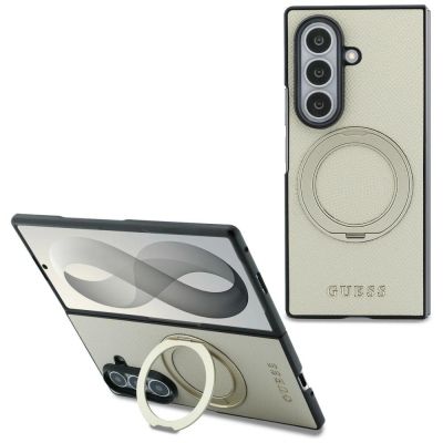 Guess Magnetische Ringständer-Hülle mit genarbtem Logo und MagSafe-Design für Samsung Galaxy Z Fold 8 Ultra – Beige