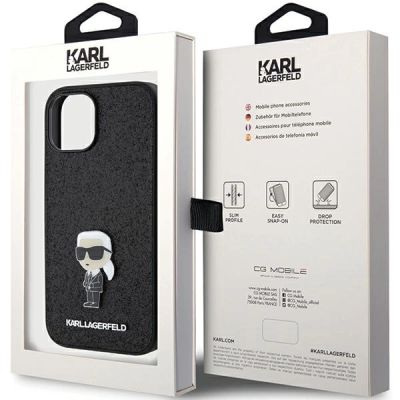 8. Karl Lagerfeld Fixed Glitter Ikonik Logo Metal Pin Hülle für iPhone 15 – Schwarz