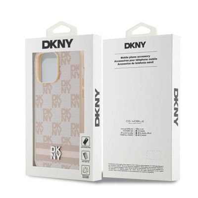 8. DKNY Lederhülle mit kariertem Monomuster und bedruckten Streifen für iPhone 14 Pro Max – Rosa