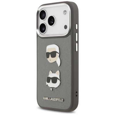2. Karl Lagerfeld FW Grained Karl & Choupette Heads Pins & Logo iPhone 17 Pro Hülle - Grau