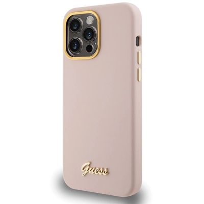 2. Guess Silikon Script Metal Logo & Frame Hülle für iPhone 15 Pro Max – Rosa