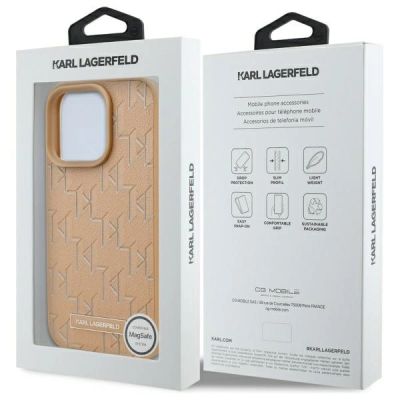8. Karl Lagerfeld Leder-Monogramm-Metalllogo-MagSafe-Hülle für iPhone 16 Pro – Beige