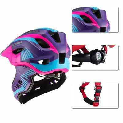 5. Rockbros TT-32SBPP-S Kinderfahrradhelm mit abnehmbarem Kinnbügel, Größe S – lila-rosa