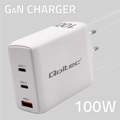 3. Qoltec 100W GaN-Wandladegerät | 5–20 V | 1,5–5 A | 2 x USB-C PD | 1 x USB QC 3.0 | Weiß