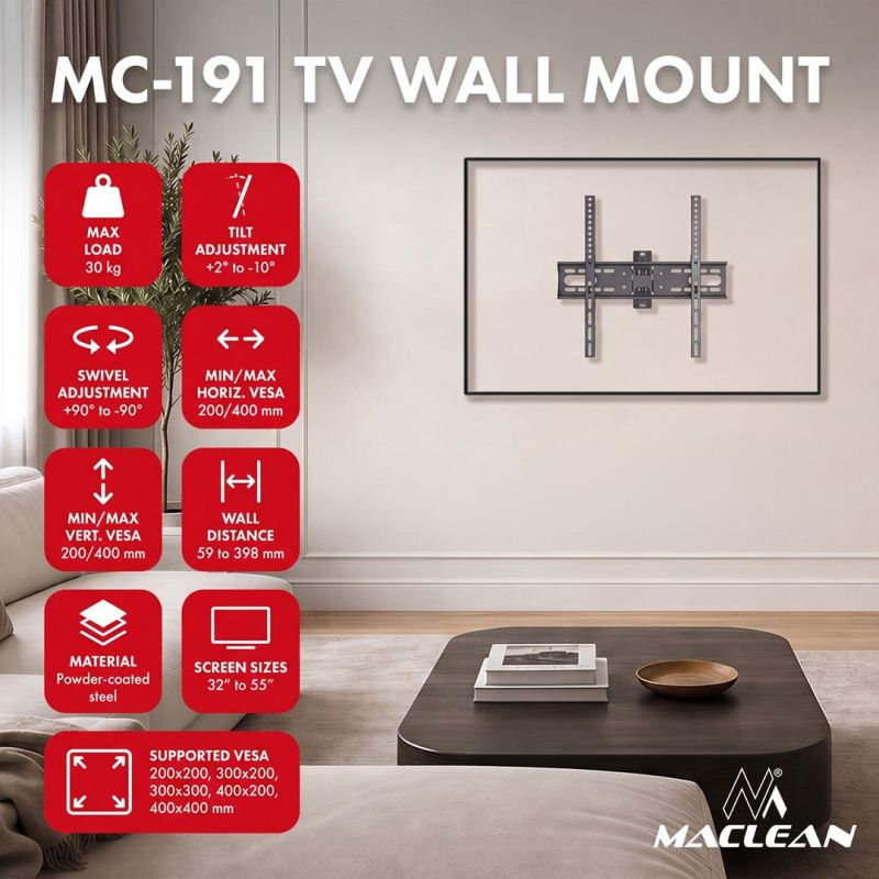6. MACLEAN TV-HALTERUNG / -AUFHÄNGER 32-55'' MACLEAN TV-HALTERUNG / -AUFHÄNGER, MAX. VESA 400X400, 32-55", BIS ZU 30KG, SCHWARZ, NEIGUNGSVERSTELLBAR