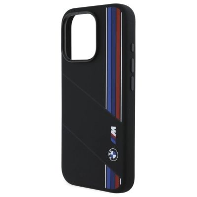 6. BMW Silikonhülle mit dreifarbigen Zierstreifen und MagSafe-Design für iPhone 16 Pro Max – Schwarz