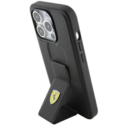 2. Ferrari Grip Stand Metall-Logo-Hülle für iPhone 15 Pro – Schwarz