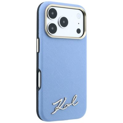4. Karl Lagerfeld Saffiano MagSafe Hülle mit kleinem Schriftzug und Metalllogo für iPhone 17 Pro / 18 Pro – Hellblau