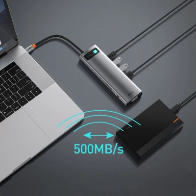 20. Baseus Metal Gleam 11in1 multifunktionaler USB Type C HUB - 3x USB 3.2 Gen 1 5Gbps / USB Type C PD 100W / 3,5 mm Miniklinke AUX / VGA Full HD 60Hz / 2x HDMI 4K 30Hz / TF- und SD-Kartenleser / RJ45 1Gbps grau (CAHUB -CT0G)