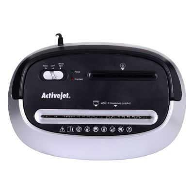 11. Activejet ASH-1201D Aktenvernichter, P-3, 25 l, 5x38 mm Schnipsel, 12 Blatt, schwarz und silber.
