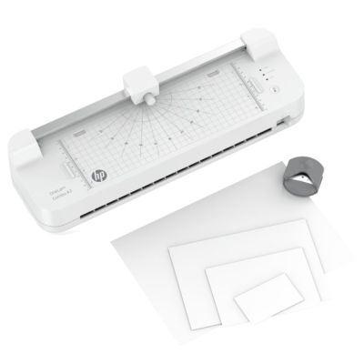 13. HP ONELAM COMBO A3 Laminiergerät, Kalt-/Heißlaminierung, integrierter Trimmer, Eckenrunder, Geschwindigkeit 40 cm/min + 15 Laminierfolien: 3 x A4, 4 x A5, 4 x A6, 4 x B-Card, weiß