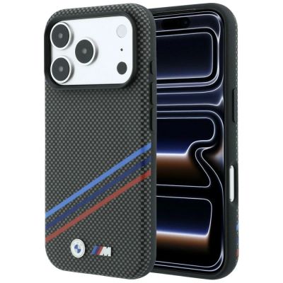 BMW M Quadrille Kevlar-Print, dreifarbige Linien & Metalllogo, MagSafe-Hülle für iPhone 18 Pro Max / 17 Pro Max – Dunkelgrau