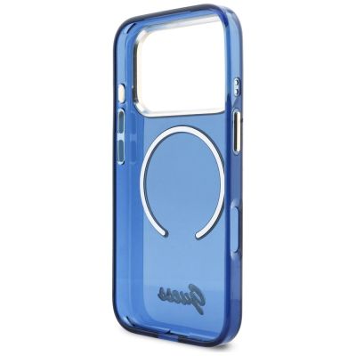 7. Guess IML Script Metal MagSafe Hülle für iPhone 17 Pro - Blau