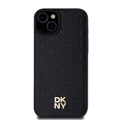 3. DKNY MagSafe-Hülle aus Leder mit Muster und Metalllogo für iPhone 15/14/13 – Schwarz