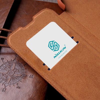 11. Nillkin Qin Leder Pro Hülle iPhone 14 Plus Kamera Cover Holster Cover Flip Case Schwarz