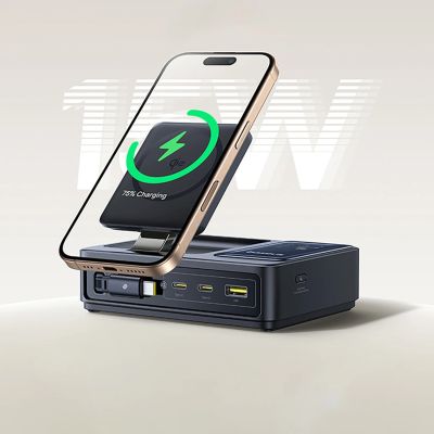 15. Baseus NOMOS 140W Qi2 5-in-1 Kabellose Ladestation mit einziehbarem USB-C-Kabel und Digitalanzeige – Schwarz