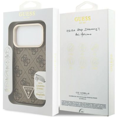8. Guess 4G PU Triangle Logo & Stand Camera MagSafe Hülle für iPhone 18 Pro / 17 Pro – braun
