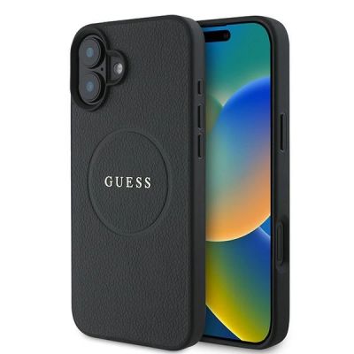 Guess Grained Gold Ring MagSafe-Hülle für iPhone 16 Plus – Schwarz