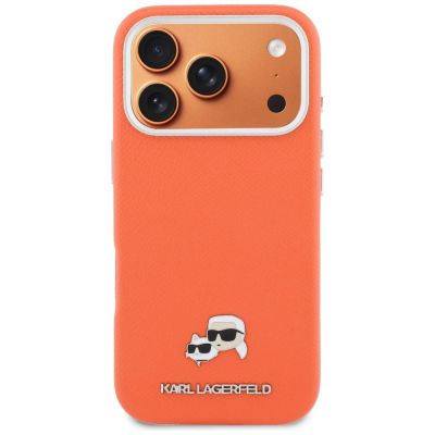 3. Karl Lagerfeld Karl & Choupette Head Pins Saffiano MagSafe Hülle für iPhone 17 Pro Max - Orange