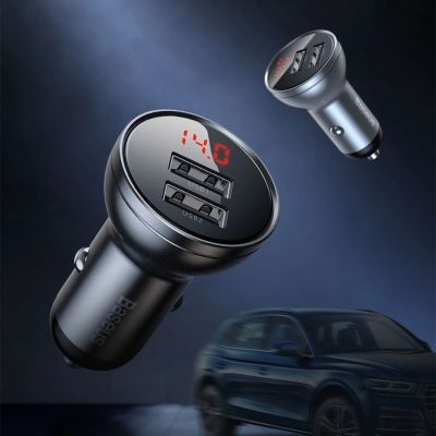 7. Baseus Autoladegerät 2x USB 4,8A 24W mit LCD + 3ins1 Kabel USB - USB Typ C / micro USB / Lightning schwarz (TZCCBX-0G)
