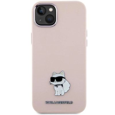 3. Karl Lagerfeld Silikon Choupette Metall Pin Hülle für iPhone 15 Plus / 14 Plus – Rosa