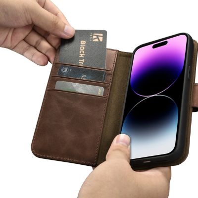 13. iCarer Oil Wax Wallet Case 2in1 Cover iPhone 14 Pro Anti-RFID Leder Flip Case Braun (WMI14220722-BN)