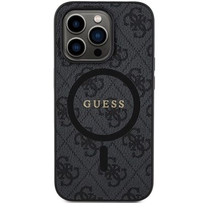 3. Guess 4G Collection MagSafe-Hülle aus Leder und Metalllogo für iPhone 14 Pro Max – Schwarz
