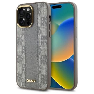 DKNY Leather Checkered Mono Pattern MagSafe-Hülle für iPhone 14 Pro Max – Beige