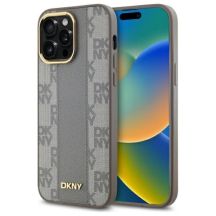 DKNY Leather Checkered Mono Pattern MagSafe-Hülle für iPhone 14 Pro Max – Beige