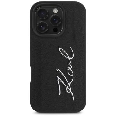 3. Karl Lagerfeld HC Grained PU Cardslot Metal Signature iPhone 16 Pro Hülle - Schwarz