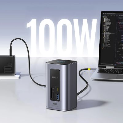 11. Baseus NU1 Air Spacemate Hub 12-in-1 USB-C Dockingstation – 2x HDMI 4K@60Hz, 2x USB-C 10 Gbit/s, 2x USB-A 5 Gbit/s, 2x USB-A (480 Mbit/s), RJ45, SD/microSD 3.0, USB-C (PD) – Grau