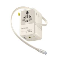 Baseus EnerCore CG11 70W 6-in-1 Reiseadapter mit einziehbarem USB-C-Kabel – Weiß