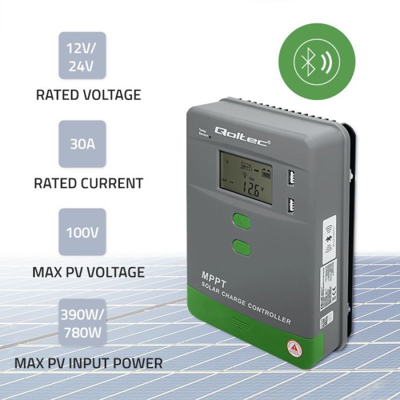 3. MPPT Qoltec 53662 Solarladeregler mit Temperatursensor, 30 A, 12 V/24 V, LCD, 2x USB, Bluetooth, App, GEL LiFePO4