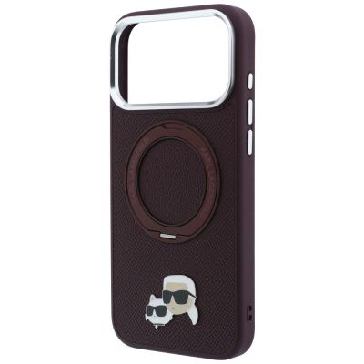 6. Karl Lagerfeld mit Ring Stand 360 Karl & Choupette Köpfe Pin MagSafe Hülle für iPhone 18 Pro / 17 Pro - bordeauxrot