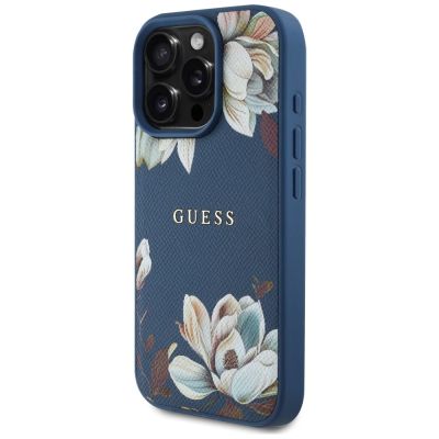 2. Guess Grained Printed Flower Pattern MagSafe Case für iPhone 16 Pro Blau
