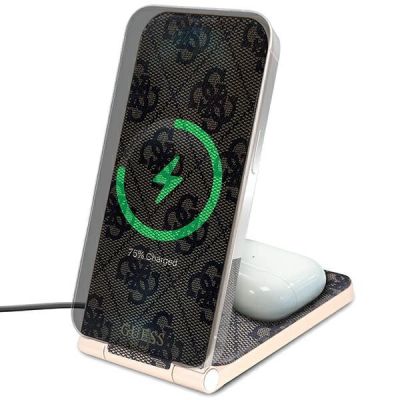 5. Guess 4G Pattern MagSafe faltbares 2in1 15W induktives Ladegerät – Braun