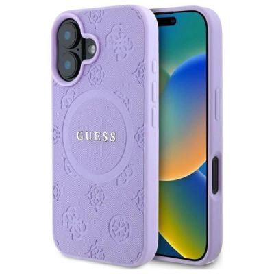 Guess Saffiano Peony Classic Logo MagSafena iPhone 16 Plus Hülle – Lila