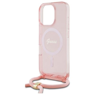 5. Guess Crossbody Cord Script MagSafe-Hülle für iPhone 16 Pro – Rosa